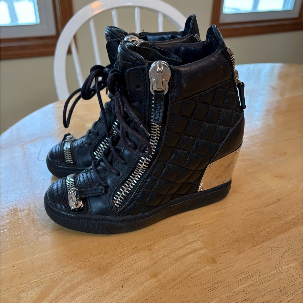 Giuseppe Zanotti Black Quilted Leather Wedge Sneakers Size 36.5